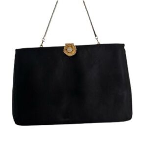Vintage 1950s Ingber Black Satin Evening Bag w/ Rhinestone Rose Clasp